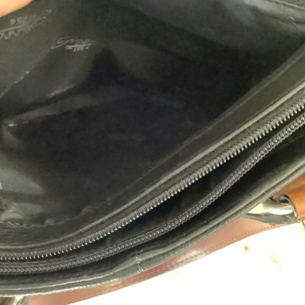 VINTAGE Black Fossil Leather Satchel Brown Top Handle Key‎ Charm Designer Purse